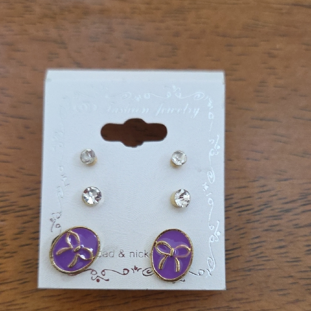 Fashion Jewelry Purple Bow and Clear Crystal Stud Earring Set